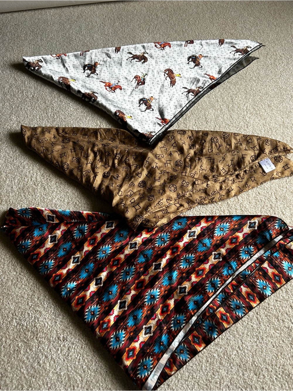 Trio of Patterned Bandanas - Western Horse, Tan Symbol, and Turquoise Aztec